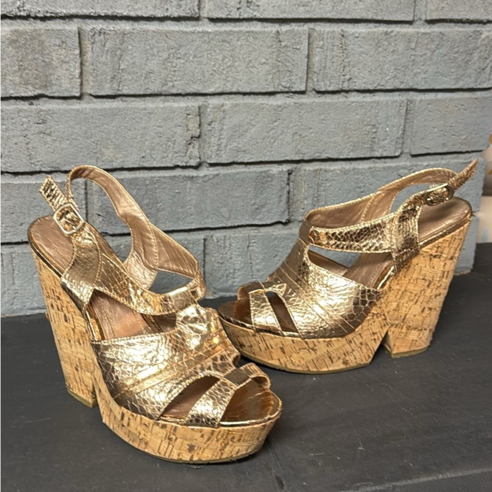 BCBGeneration Gold Cork Platform Wedge Sandals 7.5